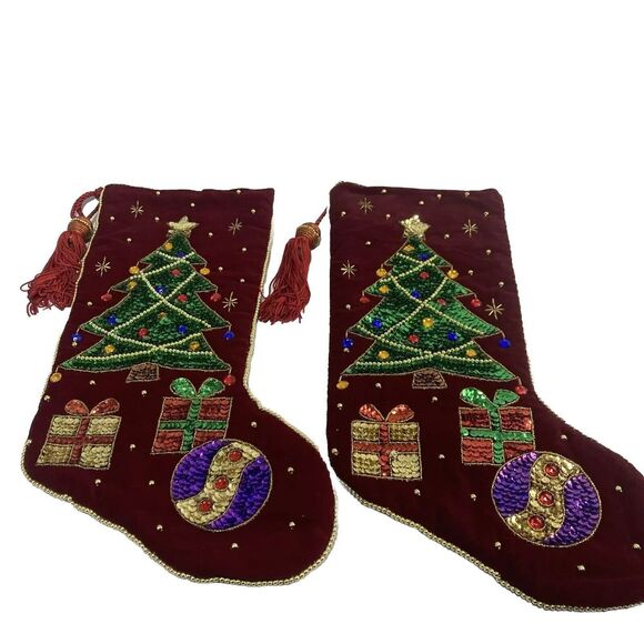 2x ‎ Sequin Christmas Stocking Tree International Silver Co  Tassel Velvet - Picture 1 of 9